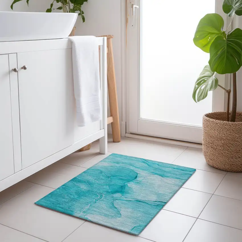 Teal Abstract Washable Non Skid Indoor Outdoor Area Rug Photo 9