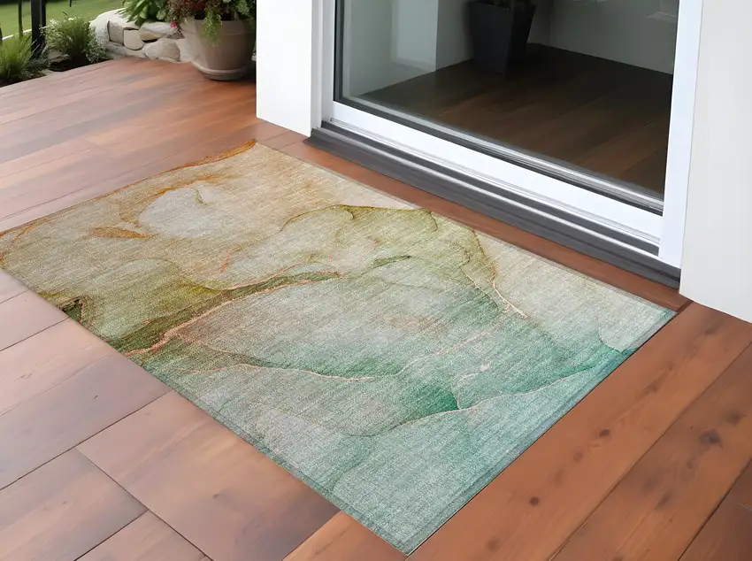 Teal Abstract Washable Non Skid Indoor Outdoor Area Rug Photo 1
