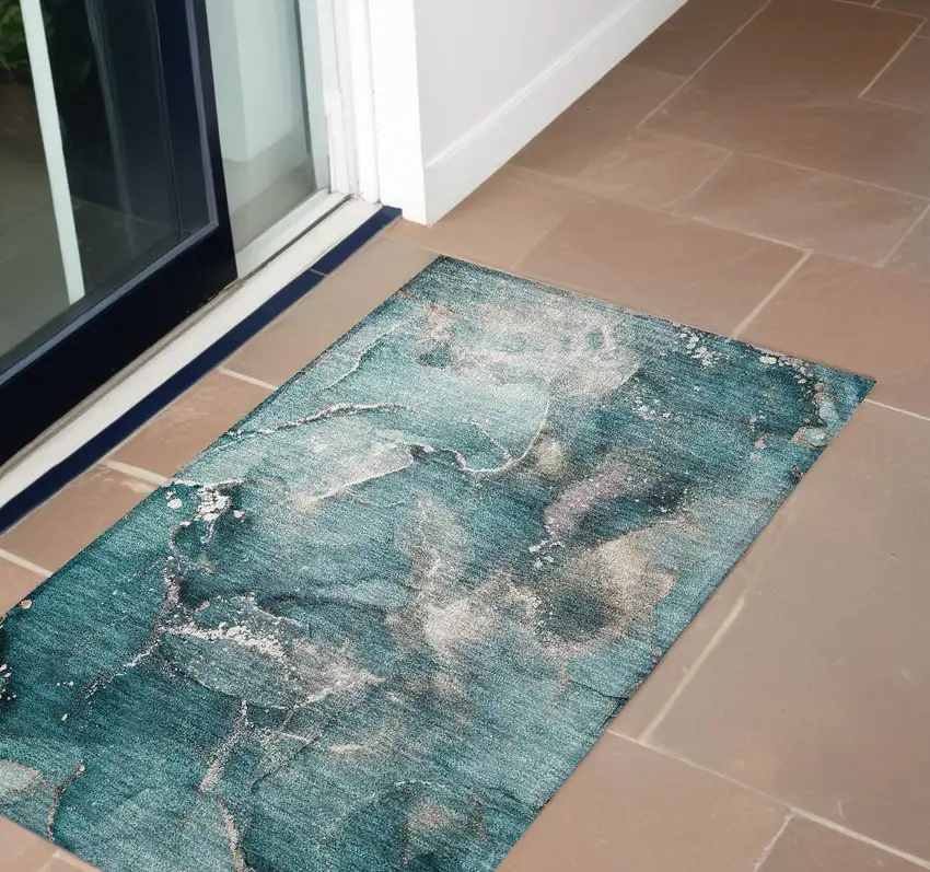 Teal Abstract Washable Non Skid Indoor Outdoor Area Rug Photo 1
