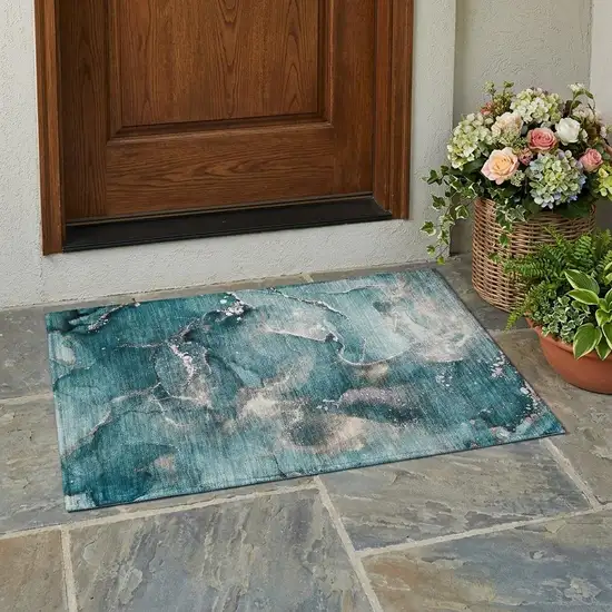 Teal Abstract Washable Non Skid Indoor Outdoor Area Rug Photo 1