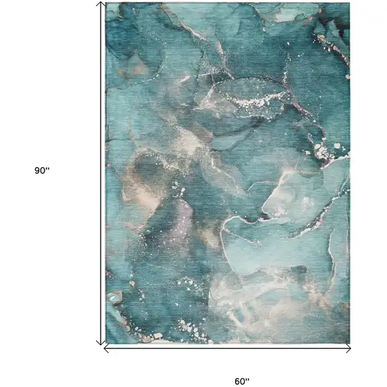 Teal Abstract Washable Non Skid Indoor Outdoor Area Rug Photo 3