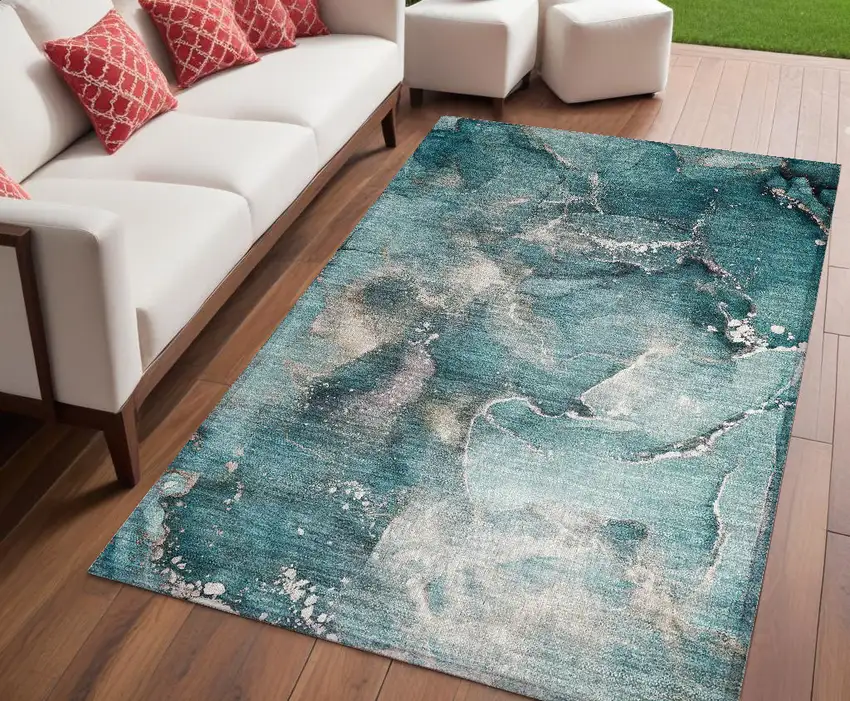 Teal Abstract Washable Non Skid Indoor Outdoor Area Rug Photo 1
