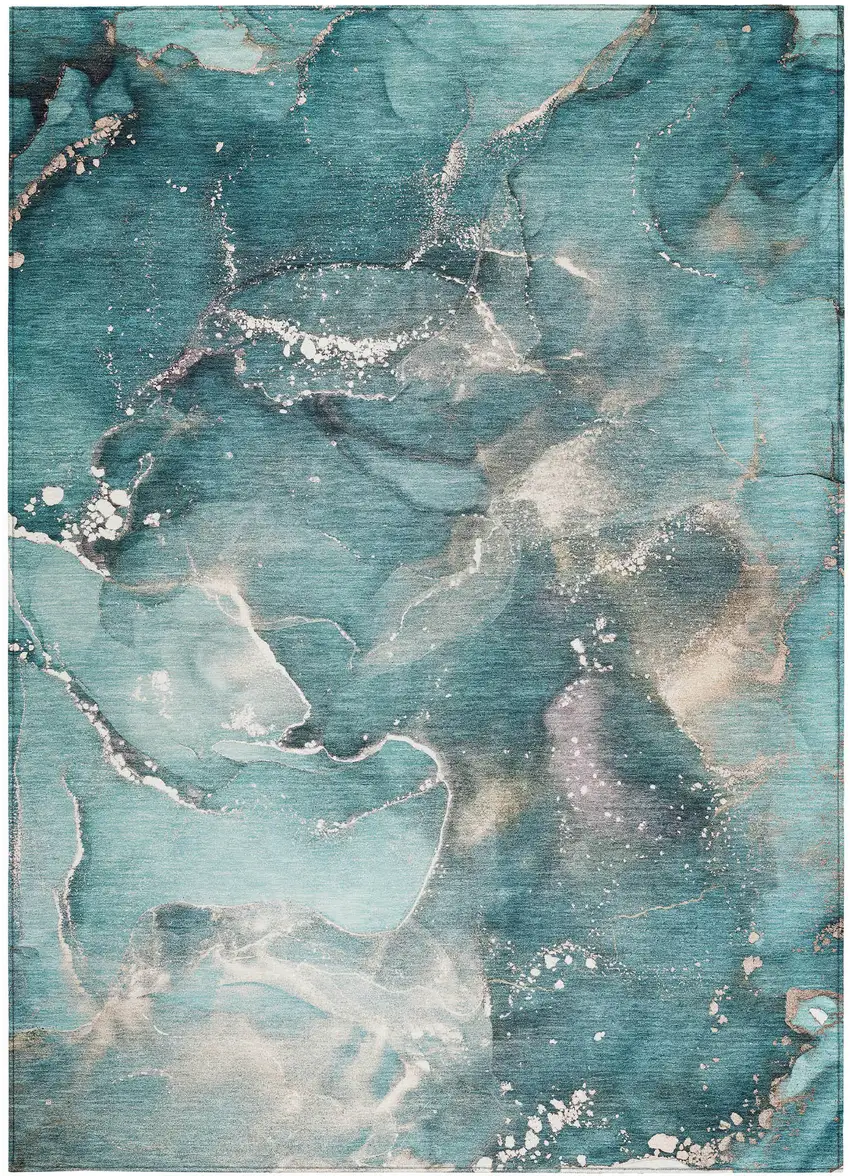 Teal Abstract Washable Non Skid Indoor Outdoor Area Rug Photo 4