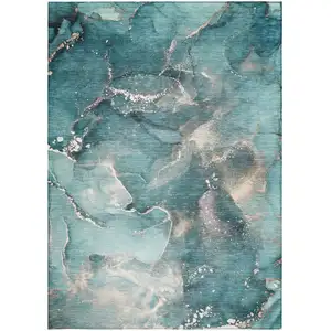 Photo of Teal Abstract Washable Non Skid Indoor Outdoor Area Rug