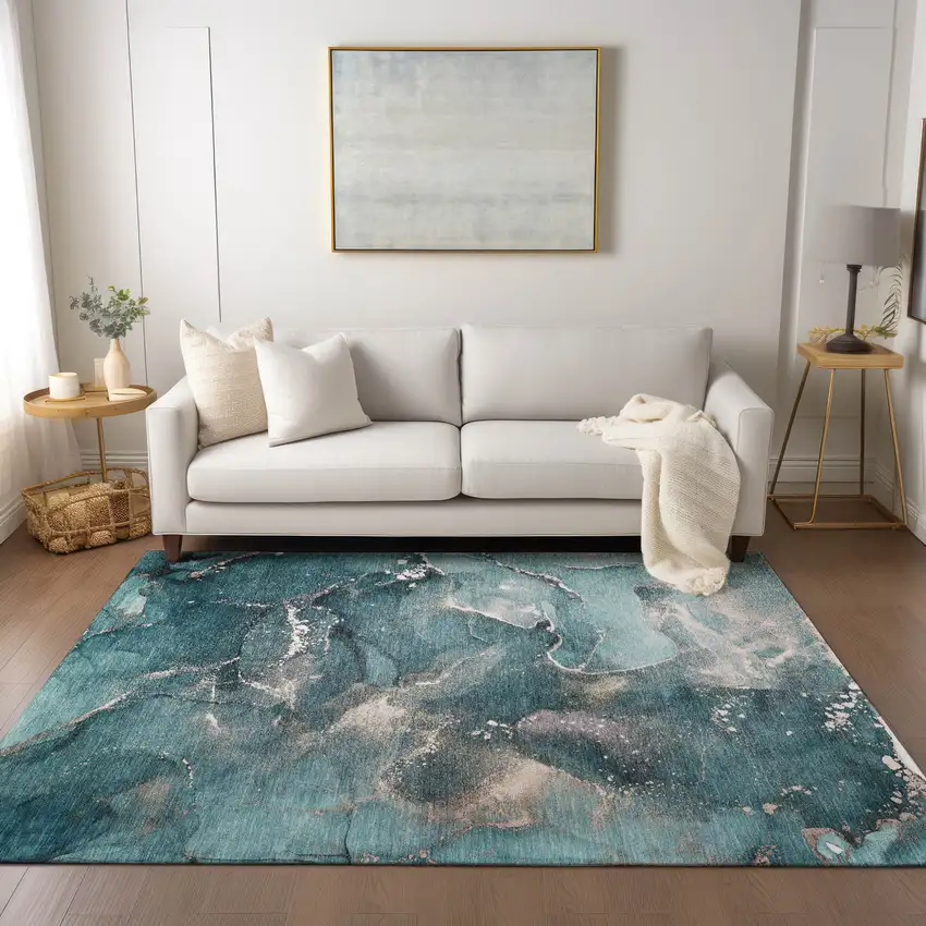 Teal Abstract Washable Non Skid Indoor Outdoor Area Rug Photo 9