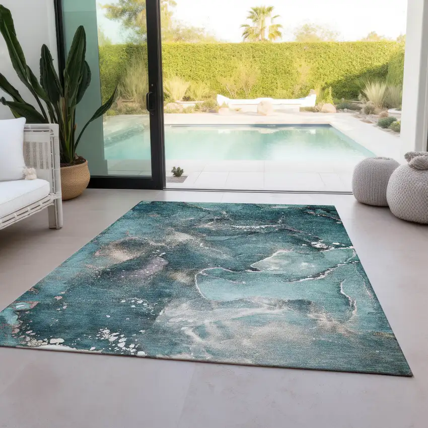 Teal Abstract Washable Non Skid Indoor Outdoor Area Rug Photo 9