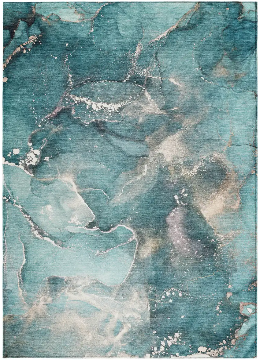 Teal Abstract Washable Non Skid Indoor Outdoor Area Rug Photo 4