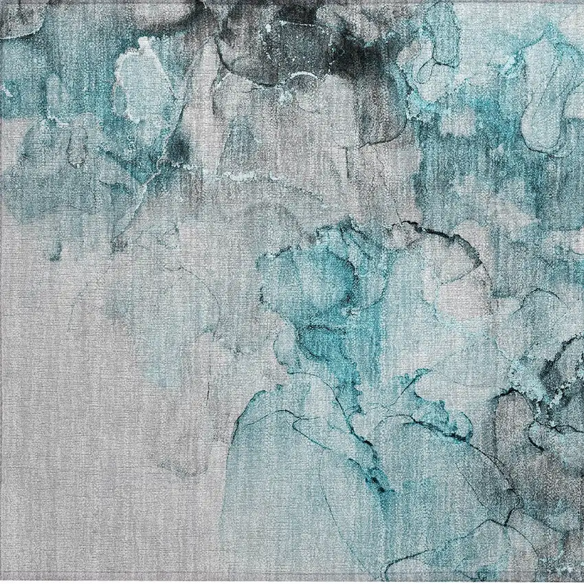 Teal Abstract Washable Non Skid Indoor Outdoor Area Rug Photo 7