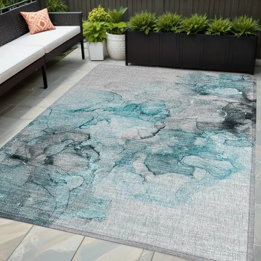 Teal Abstract Washable Non Skid Indoor Outdoor Area Rug Photo 1
