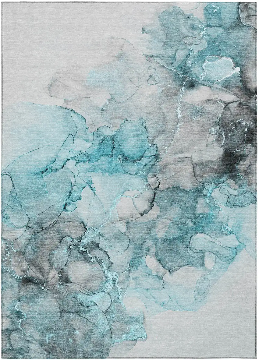 Teal Abstract Washable Non Skid Indoor Outdoor Area Rug Photo 2
