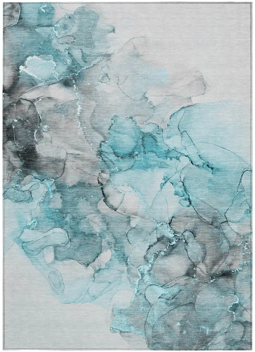 Teal Abstract Washable Non Skid Indoor Outdoor Area Rug Photo 4