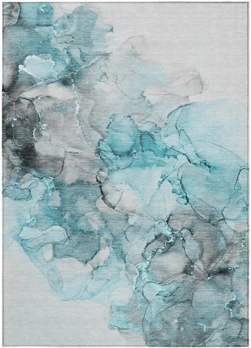 Teal Abstract Washable Non Skid Indoor Outdoor Area Rug Photo 4