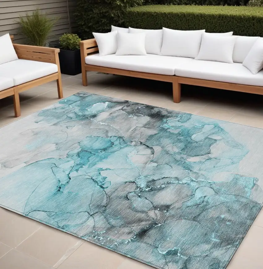 Teal and Gray Abstract Washable Indoor Outdoor Area Rug Photo 1