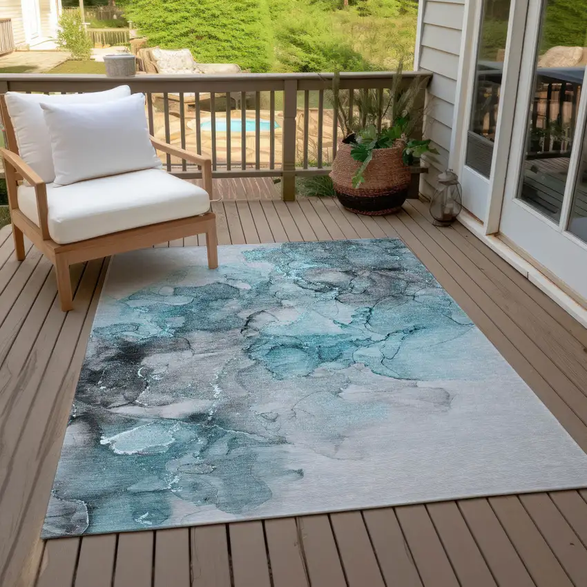 Teal and Gray Abstract Washable Indoor Outdoor Area Rug Photo 8