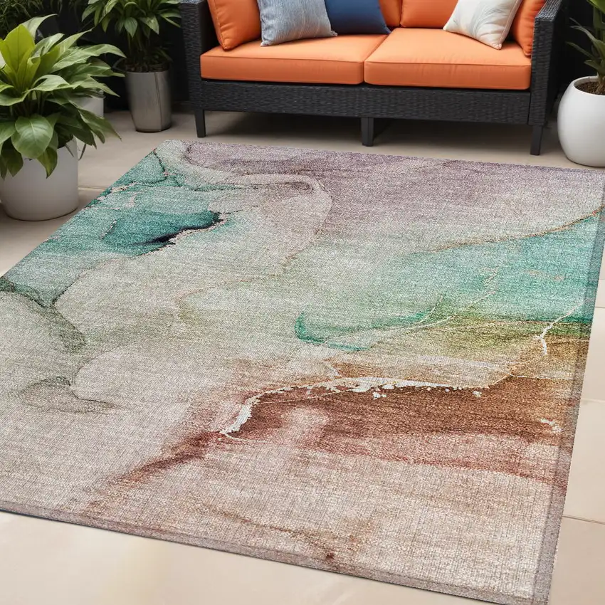 Teal Abstract Washable Non Skid Indoor Outdoor Area Rug Photo 1