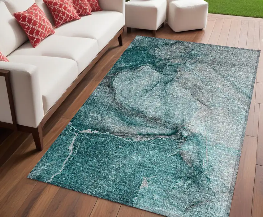 Teal Abstract Washable Non Skid Indoor Outdoor Area Rug Photo 1