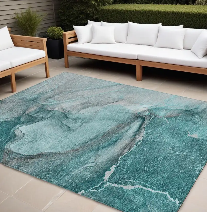 Teal Abstract Washable Indoor Outdoor Area Rug Photo 1