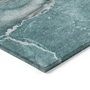 Photo of Teal Abstract Washable Non Skid Indoor Outdoor Area Rug