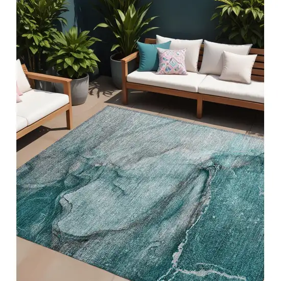 Teal Abstract Washable Non Skid Indoor Outdoor Area Rug Photo 1