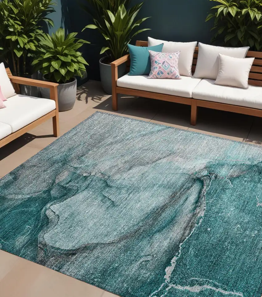 Teal Abstract Washable Non Skid Indoor Outdoor Area Rug Photo 1