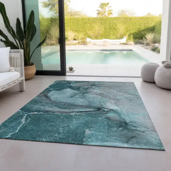 Teal Abstract Washable Non Skid Indoor Outdoor Area Rug Photo 9