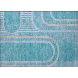 Photo of Teal Abstract Washable Non Skid Indoor Outdoor Area Rug