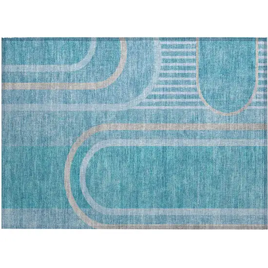 Teal Abstract Washable Indoor Outdoor Area Rug Photo 1