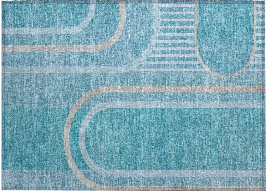 Teal Abstract Washable Indoor Outdoor Area Rug Photo 1