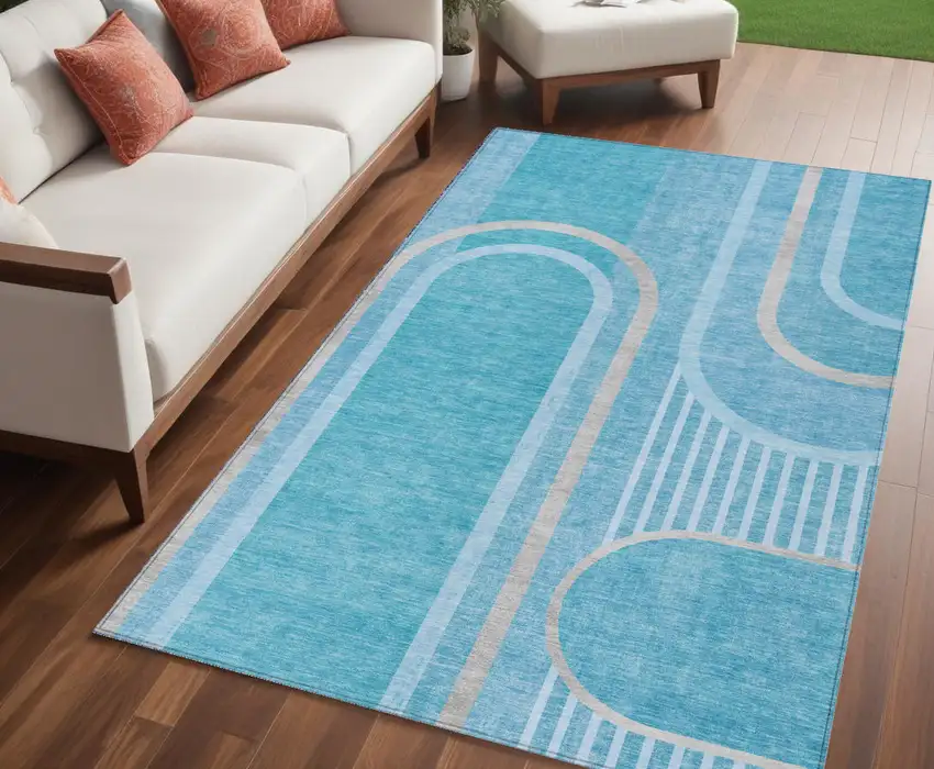 Teal Abstract Washable Indoor Outdoor Area Rug Photo 1
