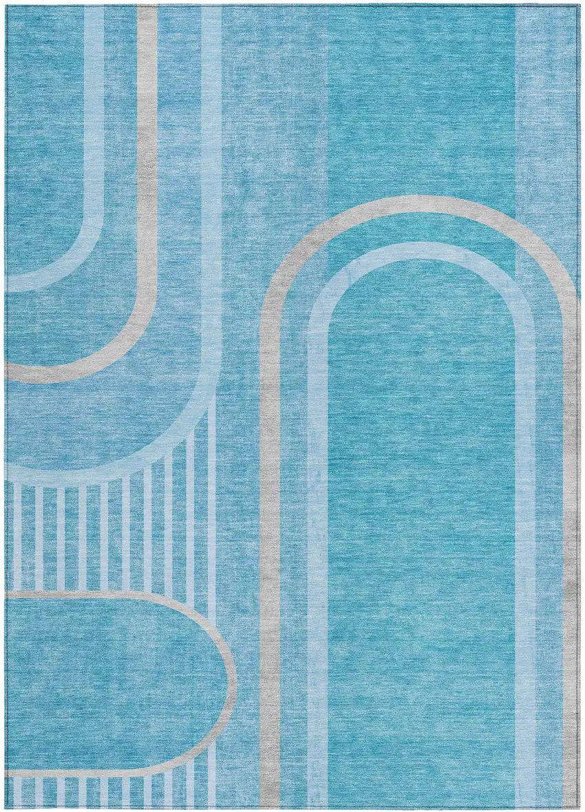 Teal Abstract Washable Non Skid Indoor Outdoor Area Rug Photo 3