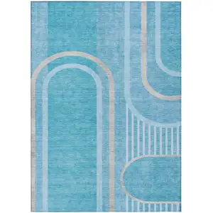 Photo of Teal Abstract Washable Non Skid Indoor Outdoor Area Rug