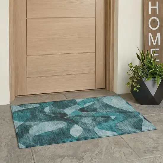 Teal Abstract Washable Non Skid Indoor Outdoor Area Rug Photo 1