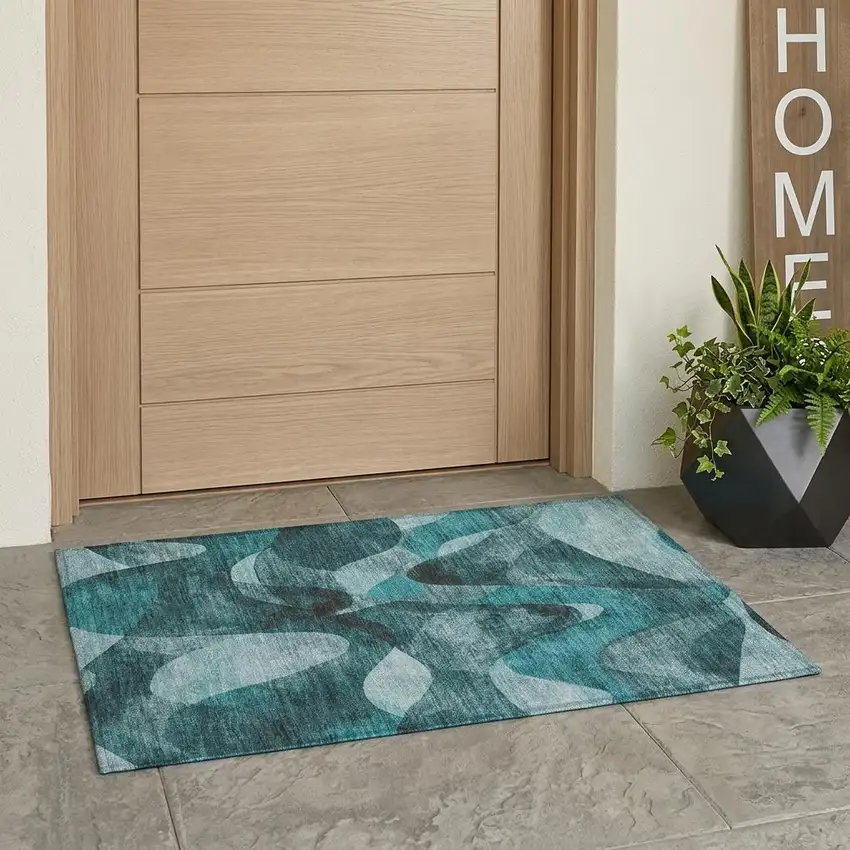 Teal Abstract Washable Non Skid Indoor Outdoor Area Rug Photo 1