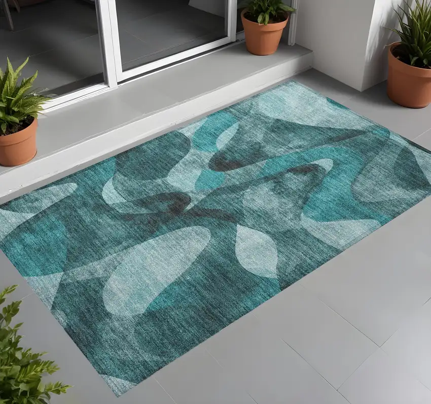 Teal Abstract Washable Non Skid Indoor Outdoor Area Rug Photo 1