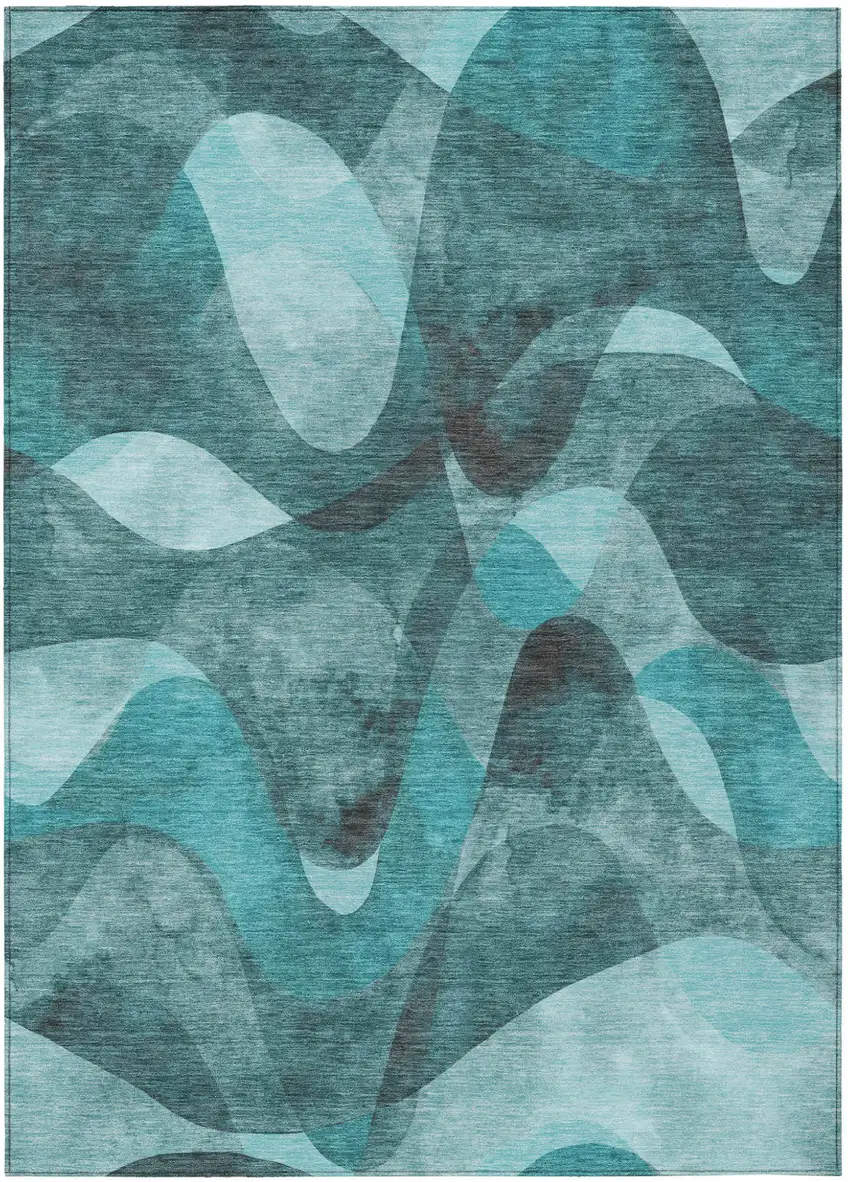 Teal Abstract Washable Non Skid Indoor Outdoor Area Rug Photo 2