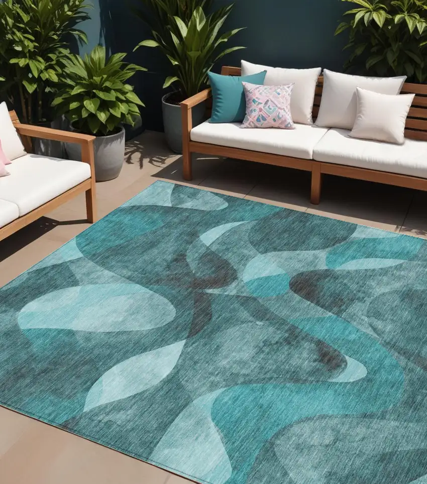 Teal Abstract Washable Non Skid Indoor Outdoor Area Rug Photo 1