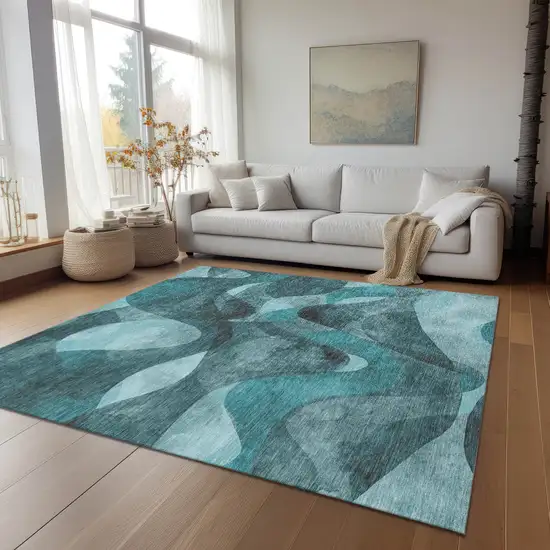 Teal Abstract Washable Non Skid Indoor Outdoor Area Rug Photo 9