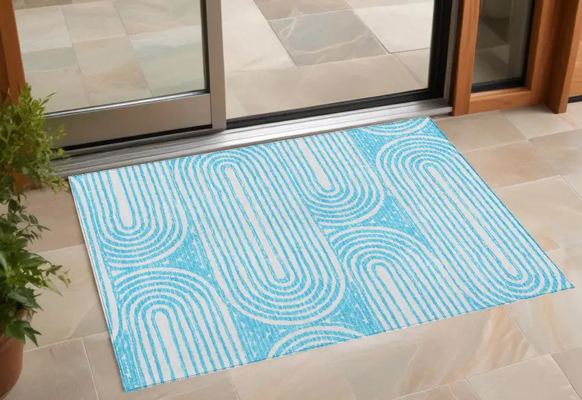 Teal and White Abstract Washable Non Skid Indoor Outdoor Area Rug Photo 1