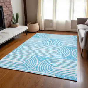Photo of Teal Abstract Washable Non Skid Indoor Outdoor Area Rug