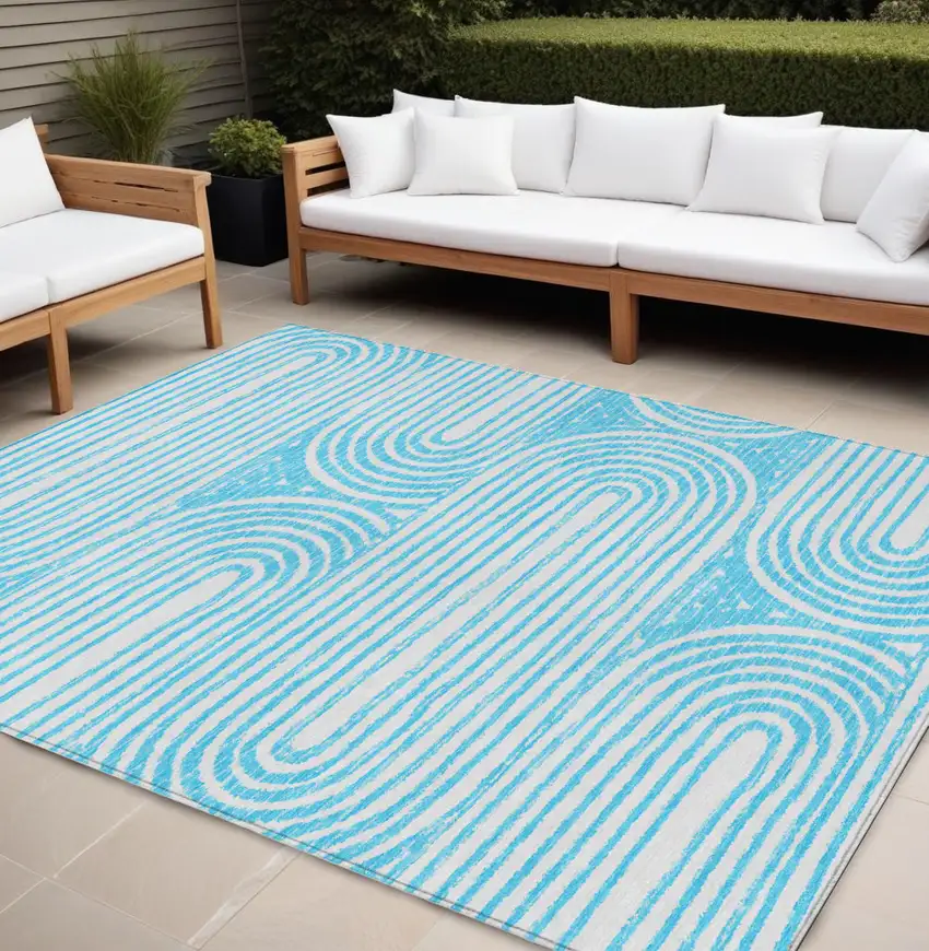 Teal and White Abstract Washable Non Skid Indoor Outdoor Area Rug Photo 1