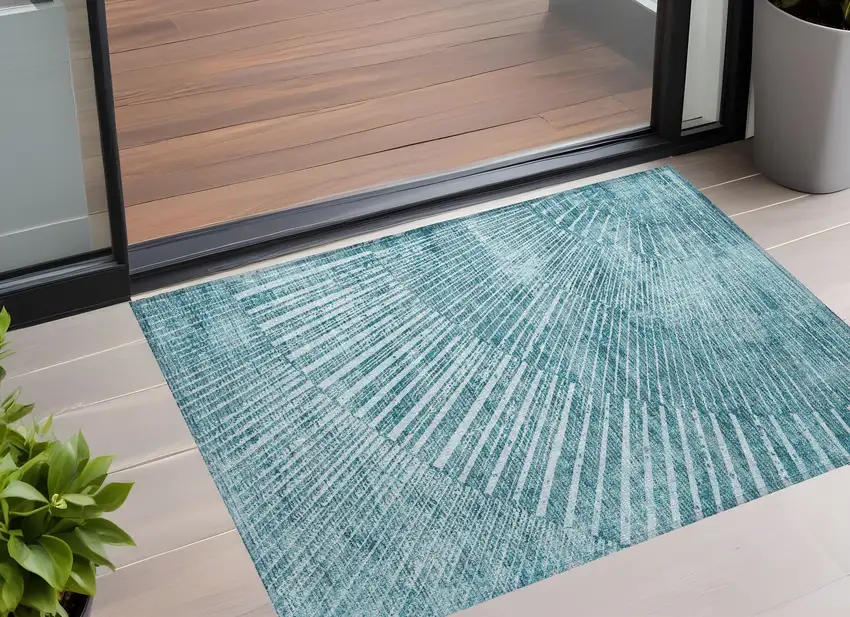 Teal Abstract Washable Non Skid Indoor Outdoor Area Rug Photo 1