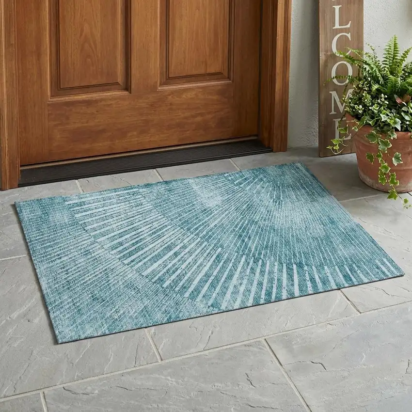 Teal Abstract Washable Non Skid Indoor Outdoor Area Rug Photo 1