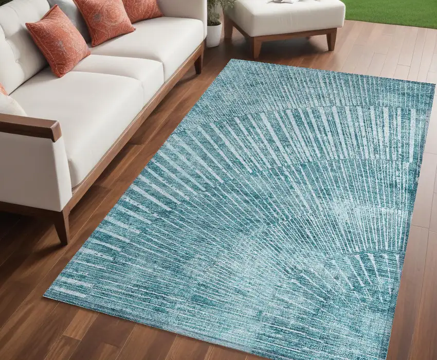 Teal Abstract Washable Non Skid Indoor Outdoor Area Rug Photo 1