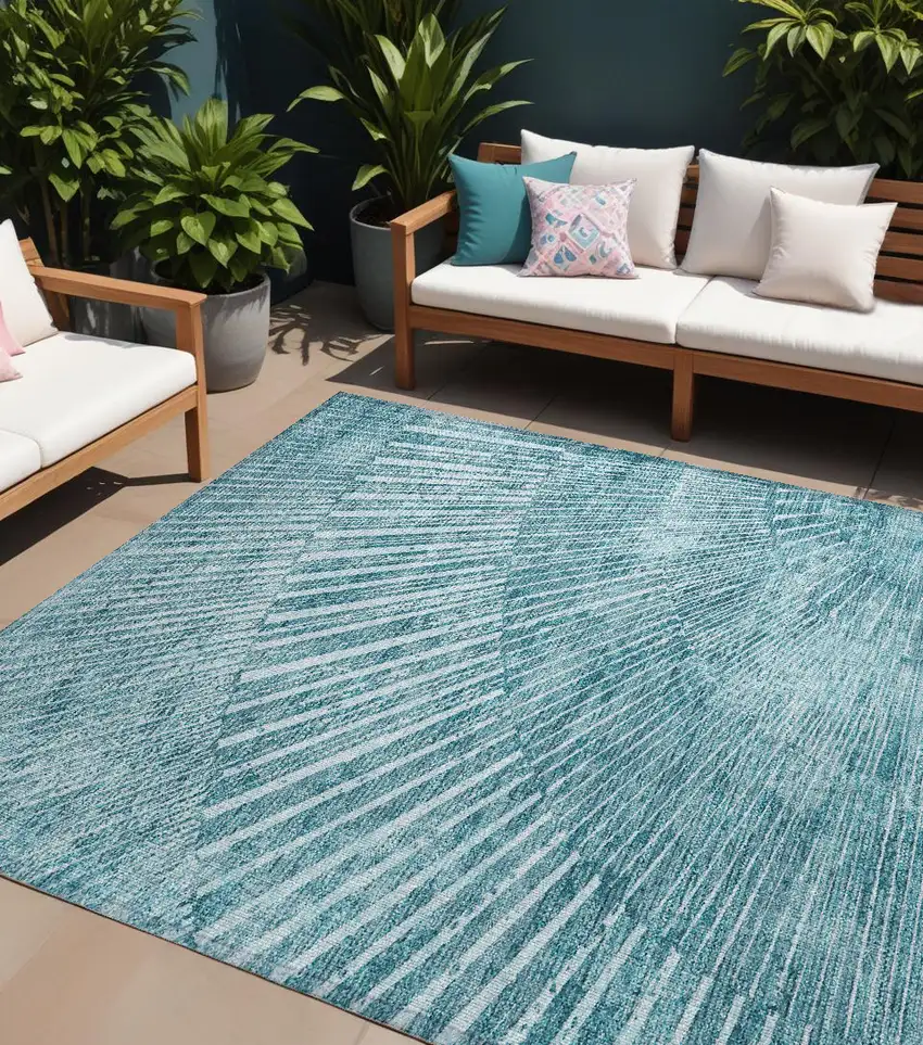 Teal Abstract Washable Non Skid Indoor Outdoor Area Rug Photo 1