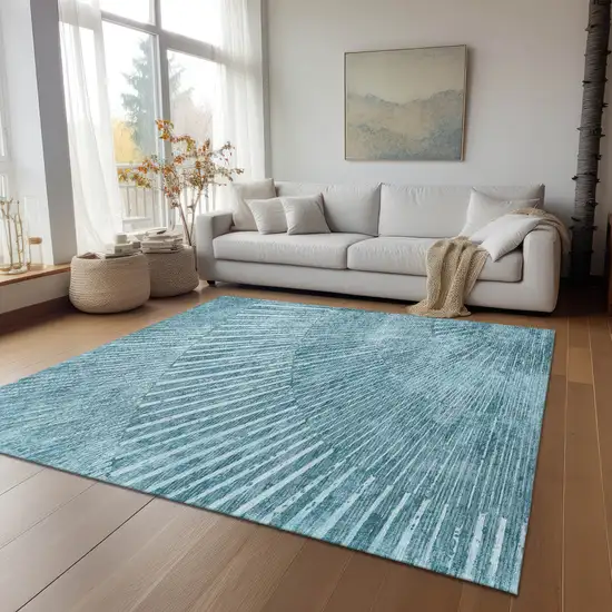 Teal Abstract Washable Non Skid Indoor Outdoor Area Rug Photo 9