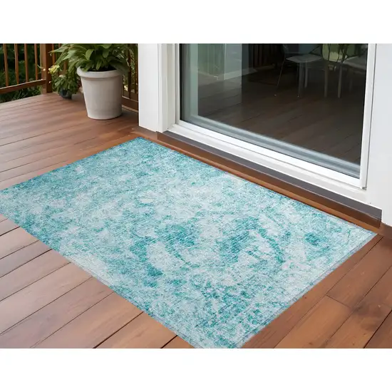 Teal Abstract Washable Non Skid Indoor Outdoor Area Rug Photo 1