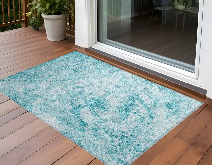Teal Abstract Washable Non Skid Indoor Outdoor Area Rug Photo 1