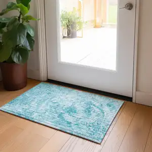 Photo of Teal Abstract Washable Non Skid Indoor Outdoor Area Rug