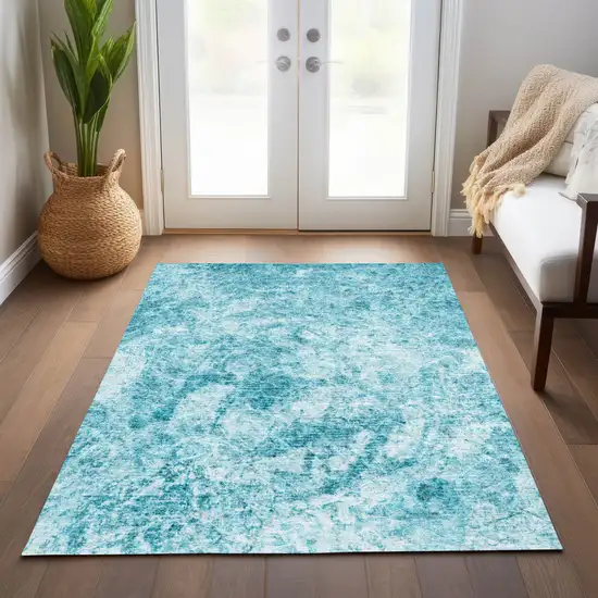 Teal Abstract Washable Non Skid Indoor Outdoor Area Rug Photo 9