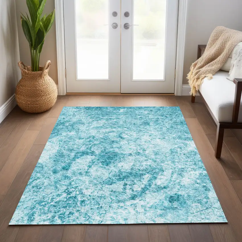 Teal Abstract Washable Non Skid Indoor Outdoor Area Rug Photo 9
